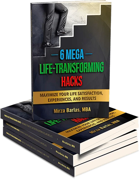 A digital presentation of 6 Mega Life-Transforming Hacks with an upright book and a stack of copies