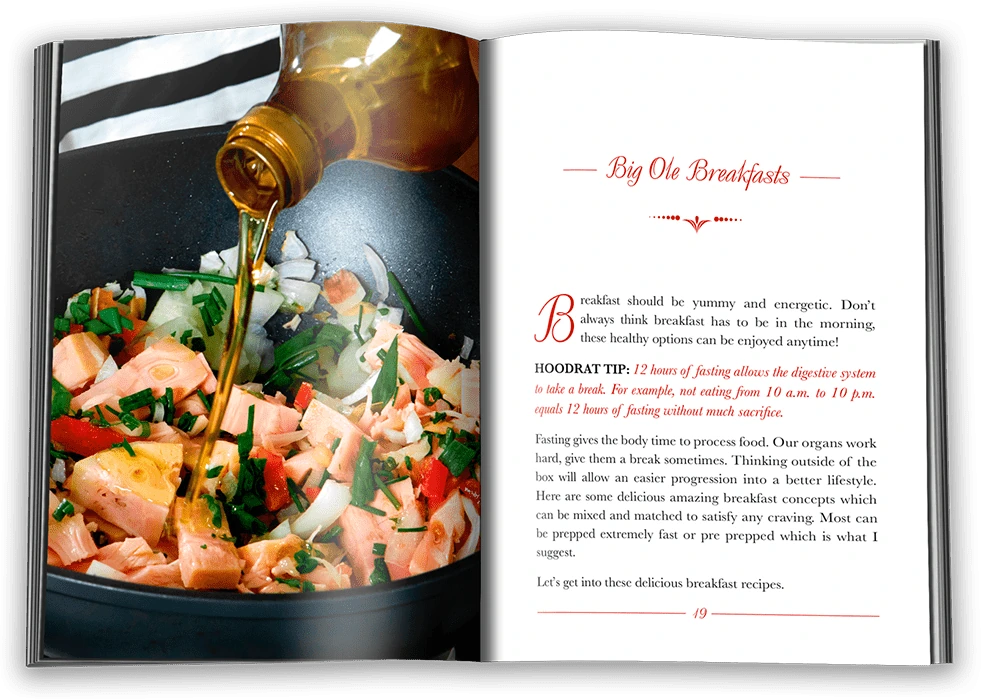 An interior spread from The Hoodrat Kitchen, with a full-page food photograph and a recipe page