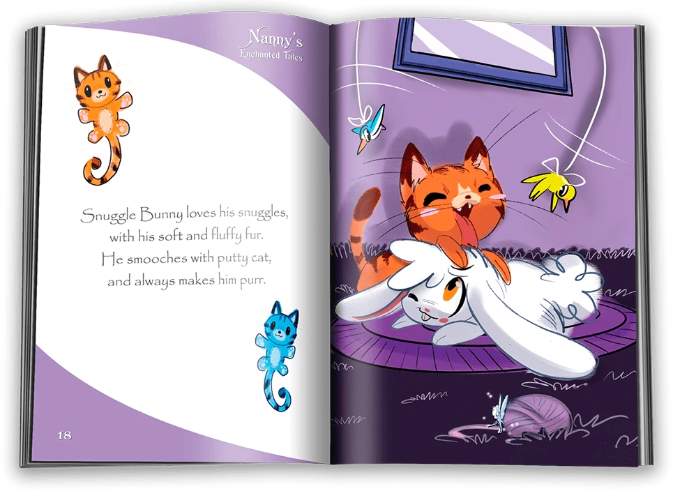 An interior spread from Nanny’s Enchanted Tales, pairing rhyming text with a colourful sleeping-cat illustration