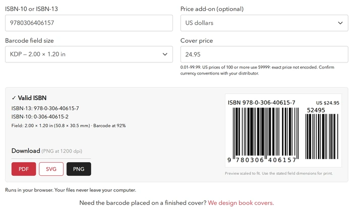 Validated ISBN with a print-ready EAN-13 barcode and price add-on