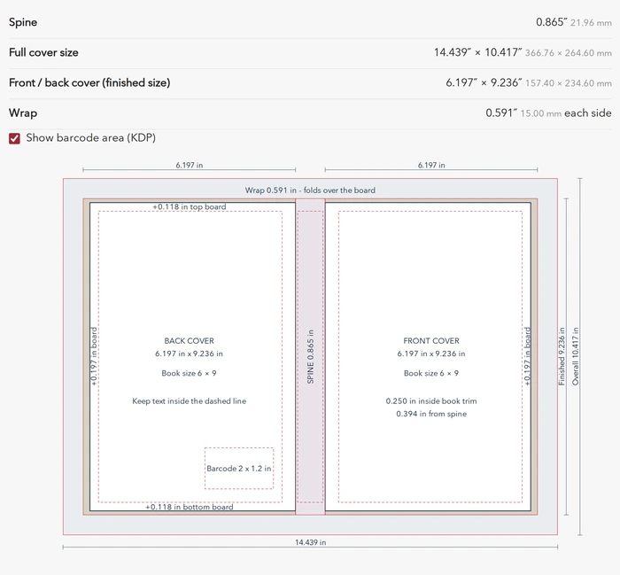 Full hardcover cover sheet with panels, spine, board and wrap measurements